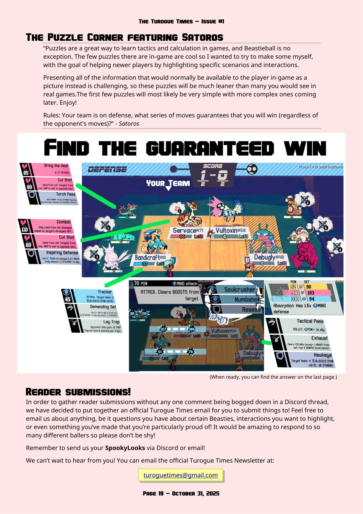 Page 19 of the Turogue Times, a Beastieball newsletter. This is the Puzzle Corner! For a more screen reader friendly format, please see the PDF download above.